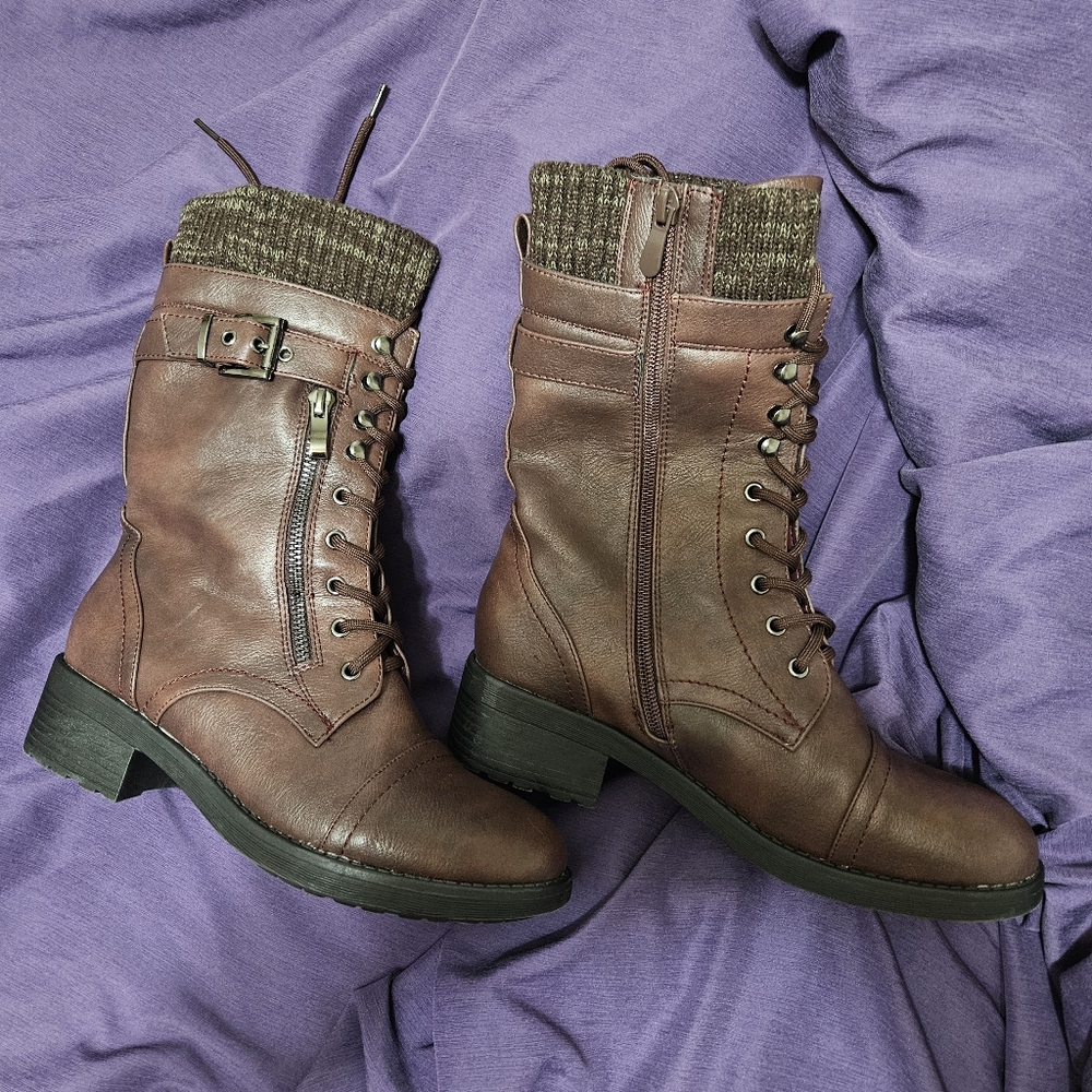 Burgundy Mid Calf Combat Riding Boots - Size 7.5